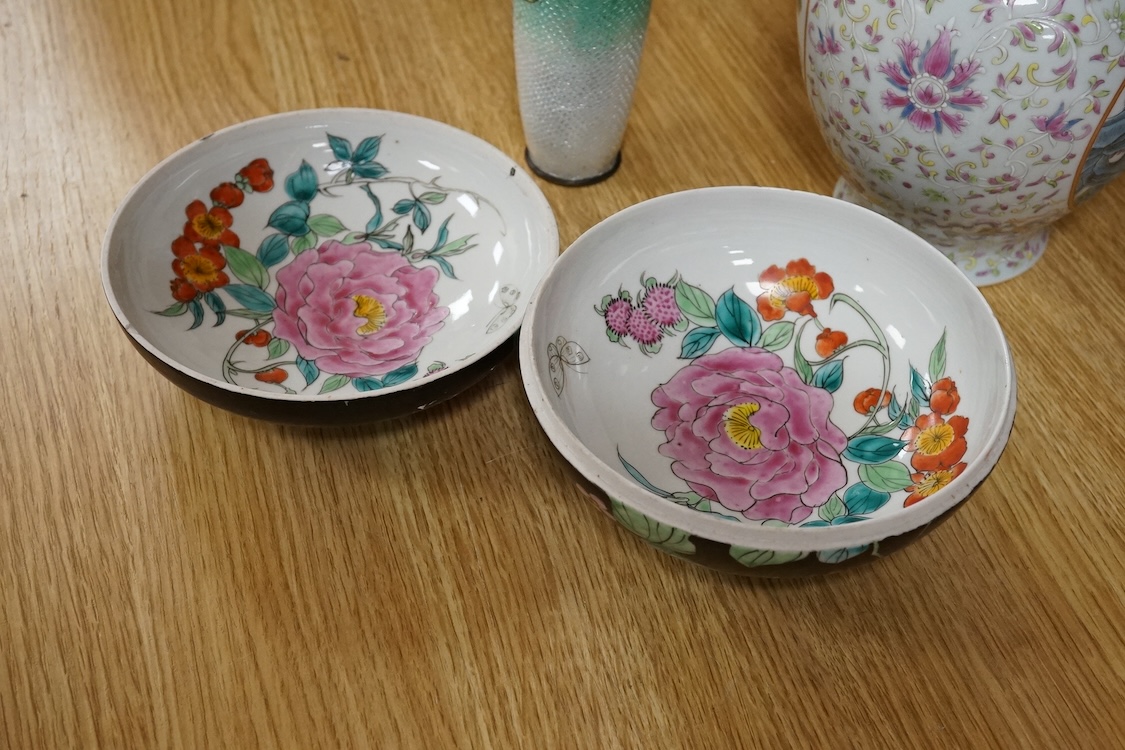 A Chinese famille rose vase, a powder box and an enamelled vase, largest 21cm high
